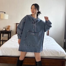 批发已出货 韩国 INS风 中长款套头牛仔卫衣外套宽松连帽<b class='q'>牛仔裙</b>