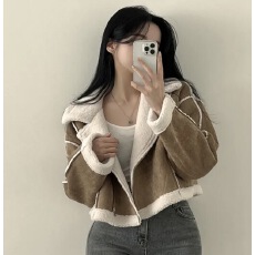 批发韩国皮毛一体麂皮绒<b class='q'>外套</b>短款小个子复古加绒加厚机车服