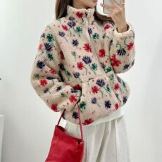 批发已出 2026 韩国chic 复古花朵羊羔毛宽松拉链棉服外套女