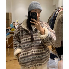 批发韩国chic复古提花羊羔绒保暖棉服外套