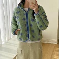 批发已出 <b class='q'>韩国</b>chic复古小花朵羊羔毛拉链棉服外套