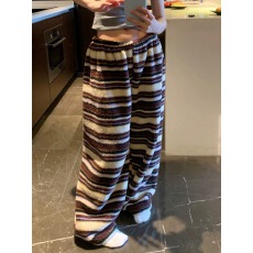 批发已出 复古拼色条纹毛绒睡裤女宽松遛弯加厚家居裤