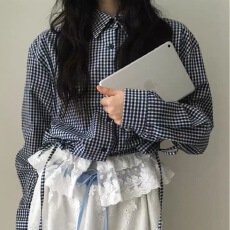 批发韩国东大门 2026新款韩版<b class='q'>格子</b>拼接蕾丝上衣女<b class='q'>衬衫</b>
