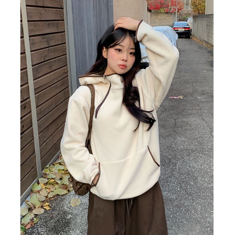 있음 선적 chic 한국 스타일 양면 플리스 후드 풀오버 플러시 셔츠