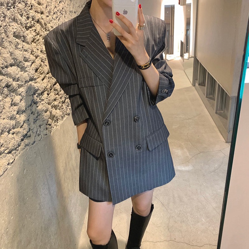 있음 밖으로 한국 ins 고급 센스 세로 줄무늬 루즈핏 세련된 블레이저 벨트 포함