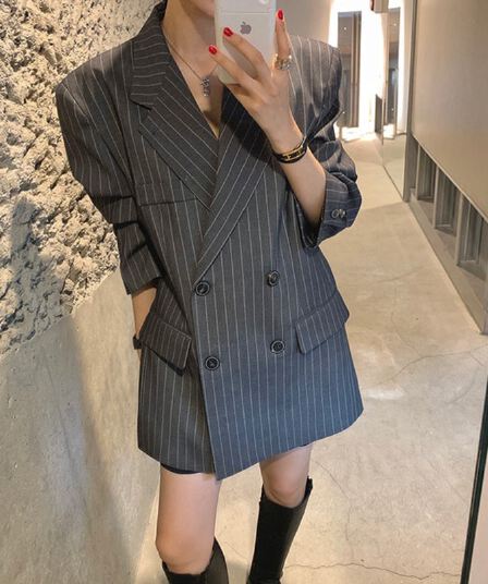 있음 밖으로 한국 ins 고급 센스 세로 줄무늬 루즈핏 세련된 블레이저 벨트 포함