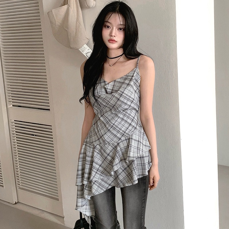 있음 밖으로 한국 chic 여름 달콤함 수 있습니다. 스택 착용 뒤로 레이스업 슬림해 보이는 체크무늬 불규칙 레이스 캐미솔