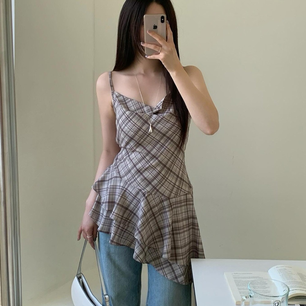 있음 밖으로 불규칙 레이스 체크무늬 조끼 슬립 여성