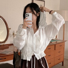春季韩国chic新款纯棉法式设计感系带收腰连帽蕾丝花边长袖衬衣女