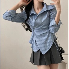 批发已出 韩版设计感小众不规则收腰显瘦时髦条纹<b class='q'>衬衫</b><b class='q'>长袖</b>上衣