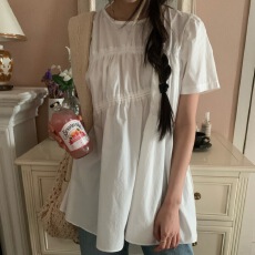 批发已出 chic春夏<b class='q'>韩版</b>重工抽绳圆领白色纯棉衬衫上衣<b class='q'>娃娃衫</b>