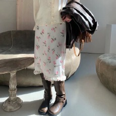 2026韩国小众复古小碎花图案温柔侧高腰系带半身裙女