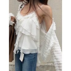 有货 超美花边不规则吊带层次背心纯色荷叶花边减龄显瘦吊带背心