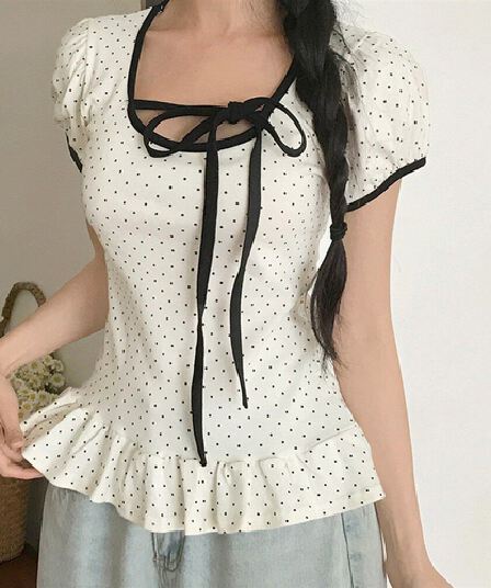 재고 있음 chic Chic 스트랩 u 칼라 연꽃 잎 옆으로 눕다. 바르게 되다 어깨 티셔츠