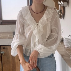 批发有货 chic 法式V领绑带荷叶边宽松衬衣防晒长袖上衣