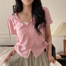 批发有货 chic新款春夏日拉链短袖抽绳收腰细格子连帽短款衬衫