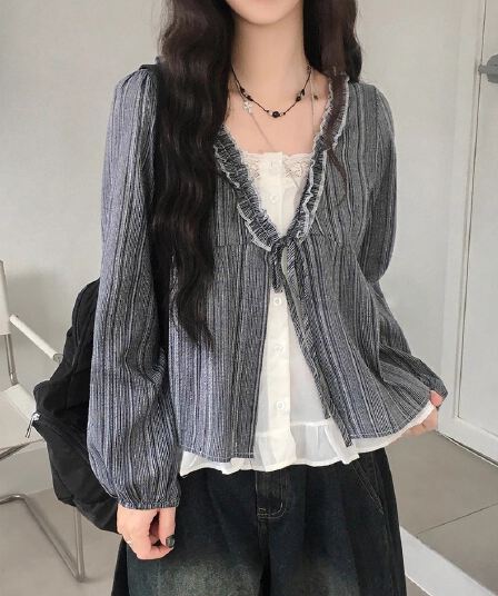 재고 있음 chic 한 부서 달콤함 연령 감소 프릴 거품 소매 페이크 레이어드 스트라이프 루즈핏 긴팔 셔츠