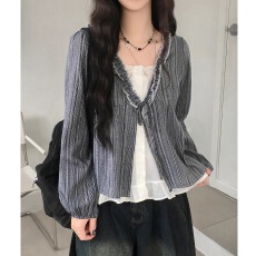 批发有货 chic韩系<b class='q'>甜美</b>减龄荷叶边泡泡袖假两件条纹宽松长袖衬衫