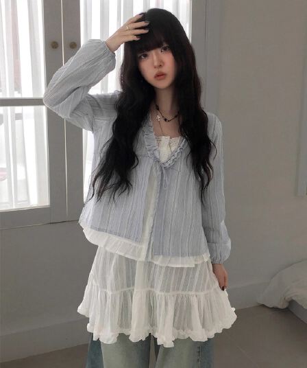 재고 있음 chic 한 부서 달콤함 연령 감소 프릴 거품 소매 페이크 레이어드 스트라이프 루즈핏 긴팔 셔츠