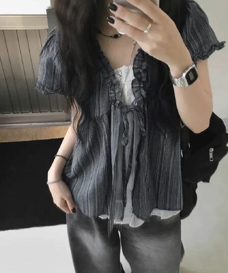 재고 있음 chic 한국 스타일 달콤함 마 면 페이크 레이어드 레이스 반팔 셔츠