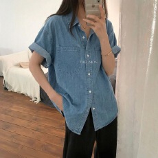 批发有货 chic 夏季韩版纯色短袖开衫<b class='q'>牛仔</b><b class='q'>衬衫</b>女