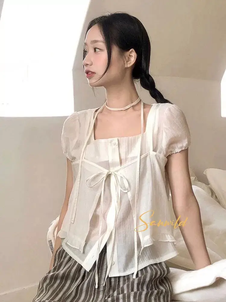 끈 디테일 레이어드 루즈 반소매 블라우스 상세 이미지 3