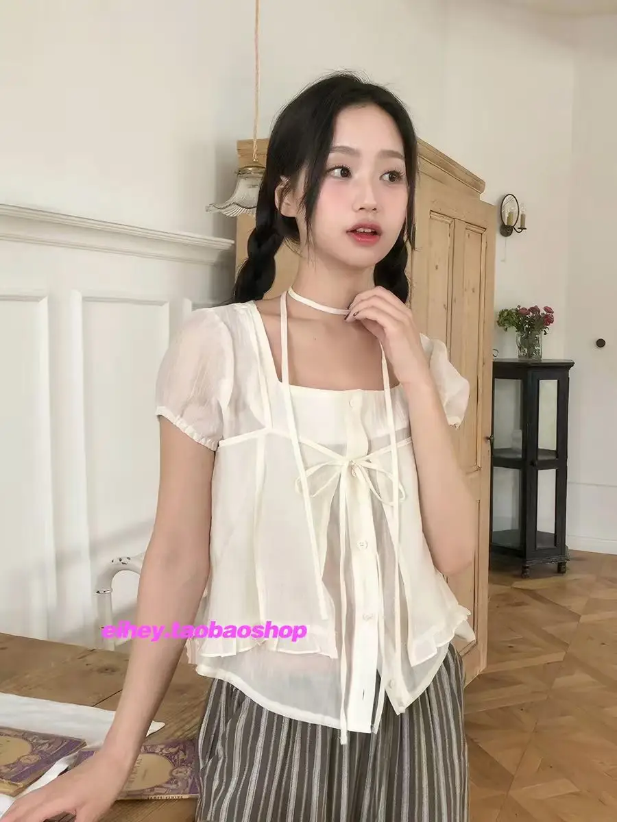 끈 디테일 레이어드 루즈 반소매 블라우스 상세 이미지 4