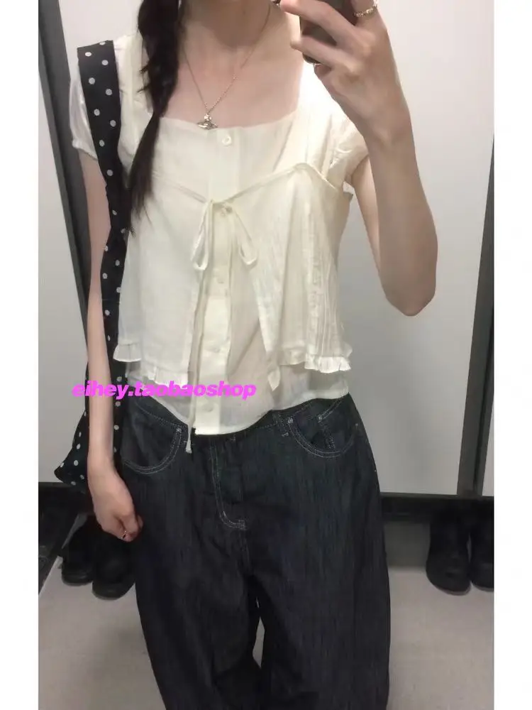 끈 디테일 레이어드 루즈 반소매 블라우스 상세 이미지 5