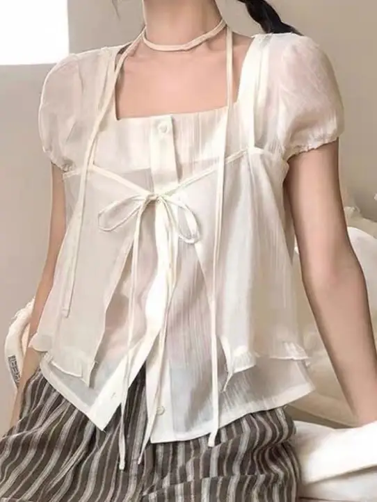 끈 디테일 레이어드 루즈 반소매 블라우스 상세 이미지 6