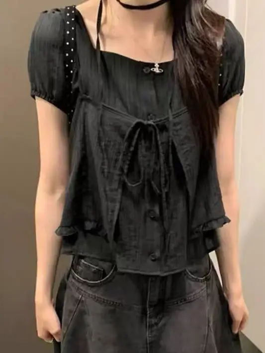 끈 디테일 레이어드 루즈 반소매 블라우스 상세 이미지 11