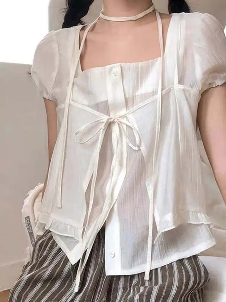 끈 디테일 레이어드 루즈 반소매 블라우스 상세 이미지 12