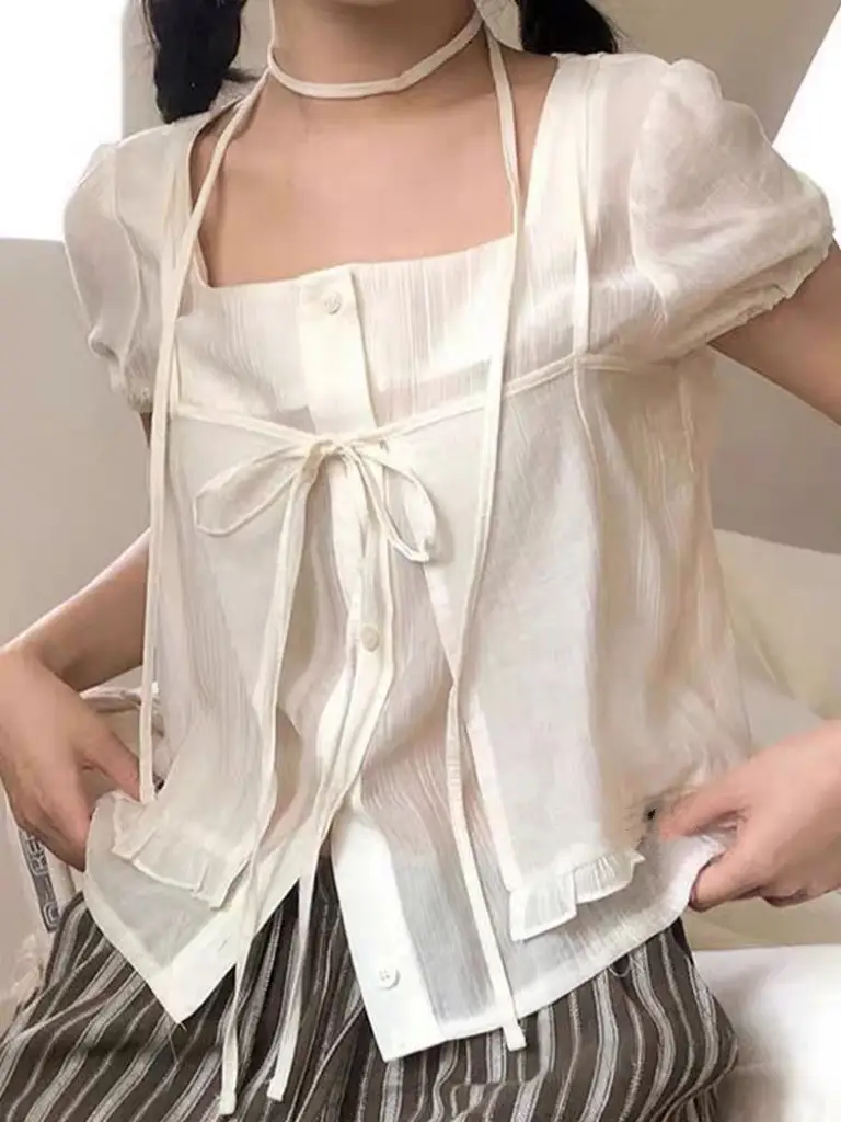끈 디테일 레이어드 루즈 반소매 블라우스 상세 이미지 13