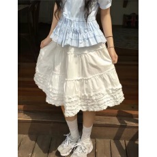 批发有货 韩系复古蛋糕花边芭蕾风高腰<b class='q'>百搭</b>显瘦A字裙半身裙