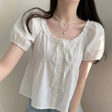 批发chic 夏季新款 U领花边泡泡袖衬衫女