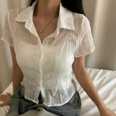 批发有货 chic 韩版微透褶皱修身衬衫女