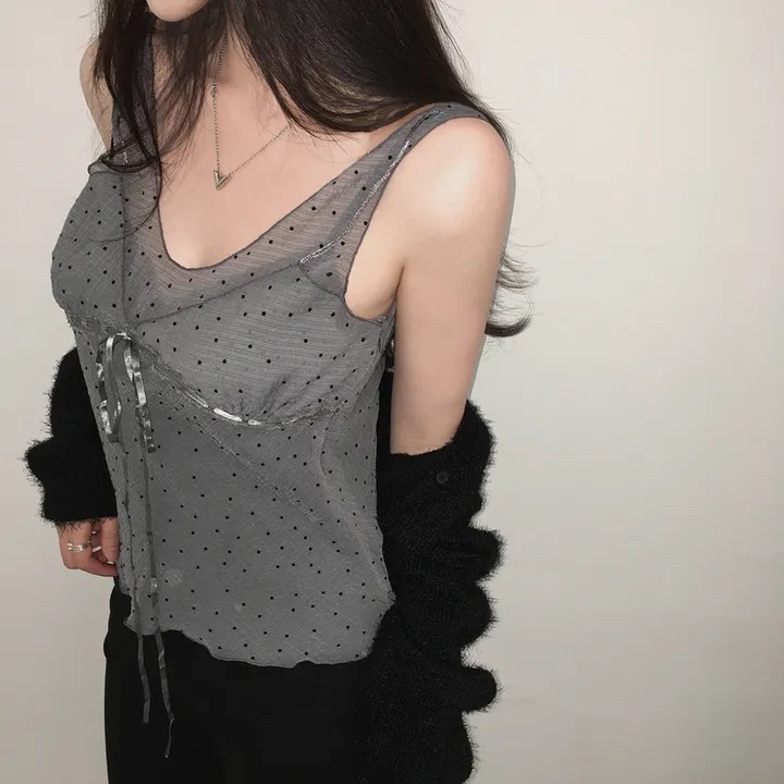 재고 있음 한국 ins 패치워크 디자인 센스 망사 도트 무늬 레이스업 조끼
