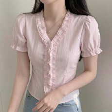 批发有货 chic 设计感蓝色木耳边条纹泡泡袖衬衫女