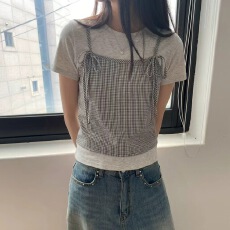 批发有货 chic 圆领<b class='q'>短袖</b>假两件设计感修身上衣