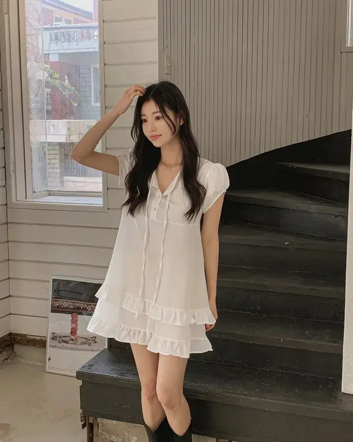 러플 디테일 하프넥 쉬폰 원피스 상세 이미지 2