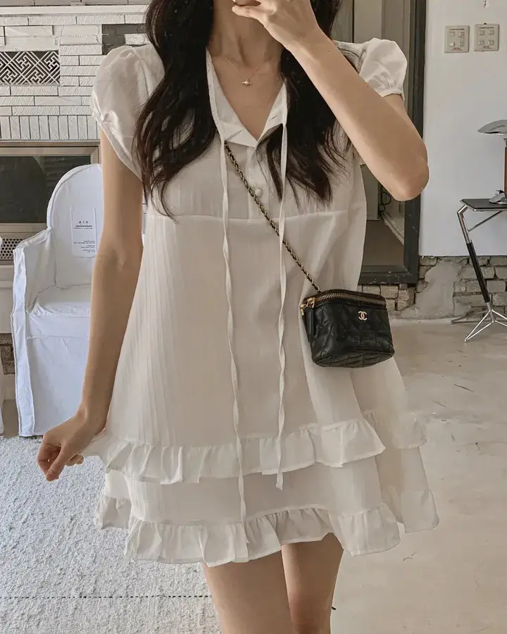러플 디테일 하프넥 쉬폰 원피스 상세 이미지 9