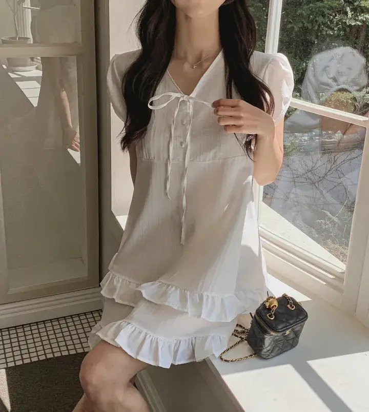 러플 디테일 하프넥 쉬폰 원피스 상세 이미지 10
