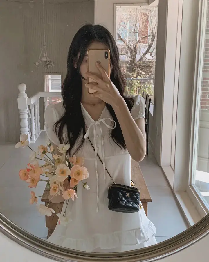 러플 디테일 하프넥 쉬폰 원피스 상세 이미지 13