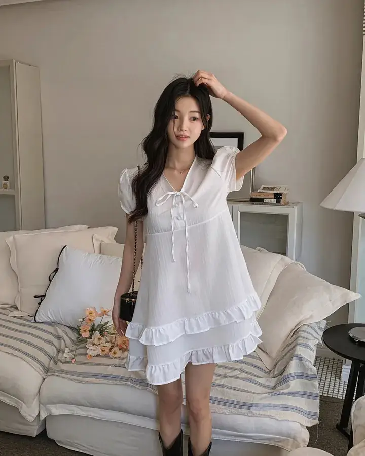 러플 디테일 하프넥 쉬폰 원피스 상세 이미지 19