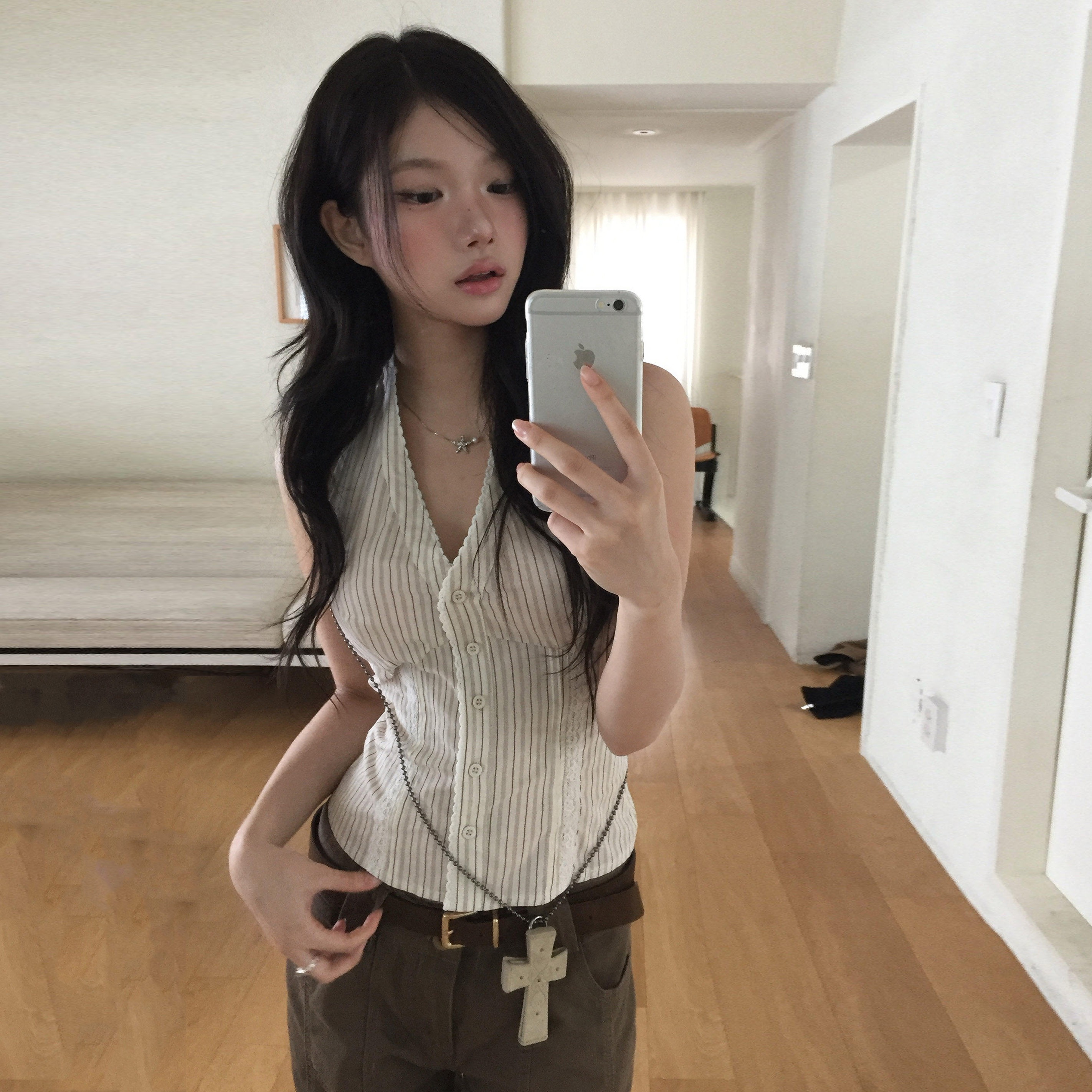 있음 밖으로 chic 레이스 패치워크 스트라이프 행침 목 싱글 줄 버튼 조끼