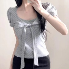 批发chic 小众胸前蝴蝶结格纹甜美短袖<b class='q'>衬衫</b>