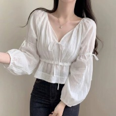 批发chic春夏新款法式V领抽绳收腰<b class='q'>泡泡袖</b>雪纺<b class='q'>衫</b>