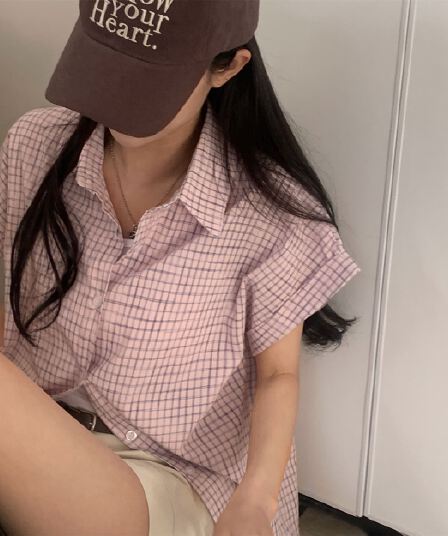 재고 있음 chic 레트로 배색 체크무늬 반팔 폴로 칼라 싱글 줄 버튼 셔츠 루즈핏 캐주얼 맨위 여성