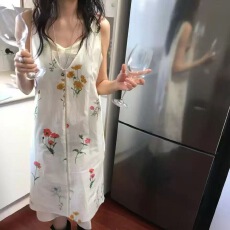 批发有货 韩系复古V领无袖碎花有内衬背心裙度假风连衣裙两件套