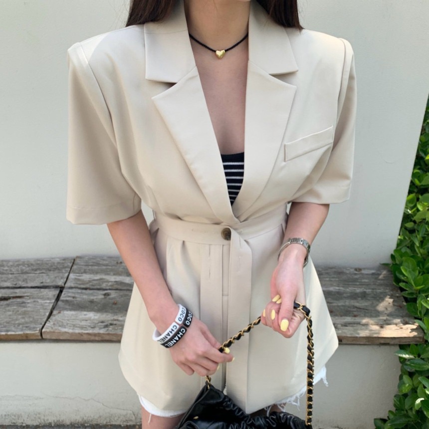재고 있음 chic 벨트 조정 부서 버클 캐주얼 품격 ol 정장 짧은 䄂 재킷