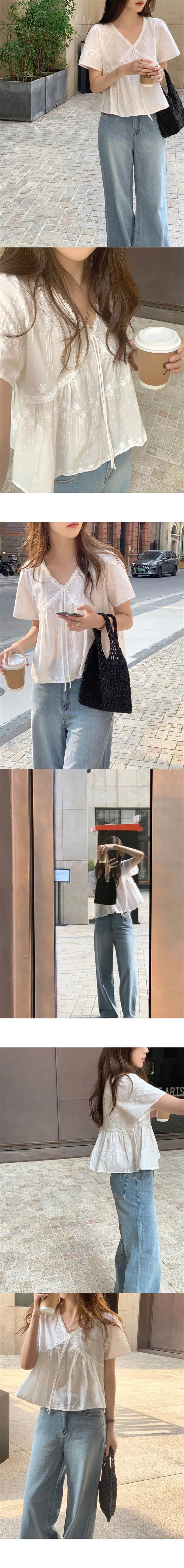 V넥 레이스 반소매 블라우스 상세 이미지 6